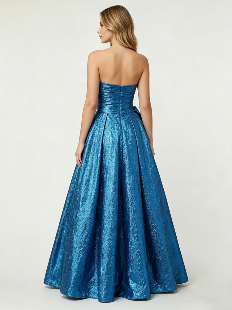 Metallic Satin A-Line Strapless Long Evening Dresses with Bow