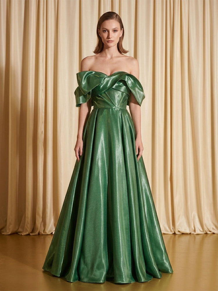 Satin A-Line Off the Shoulder Long Evening Dresses with Pleats