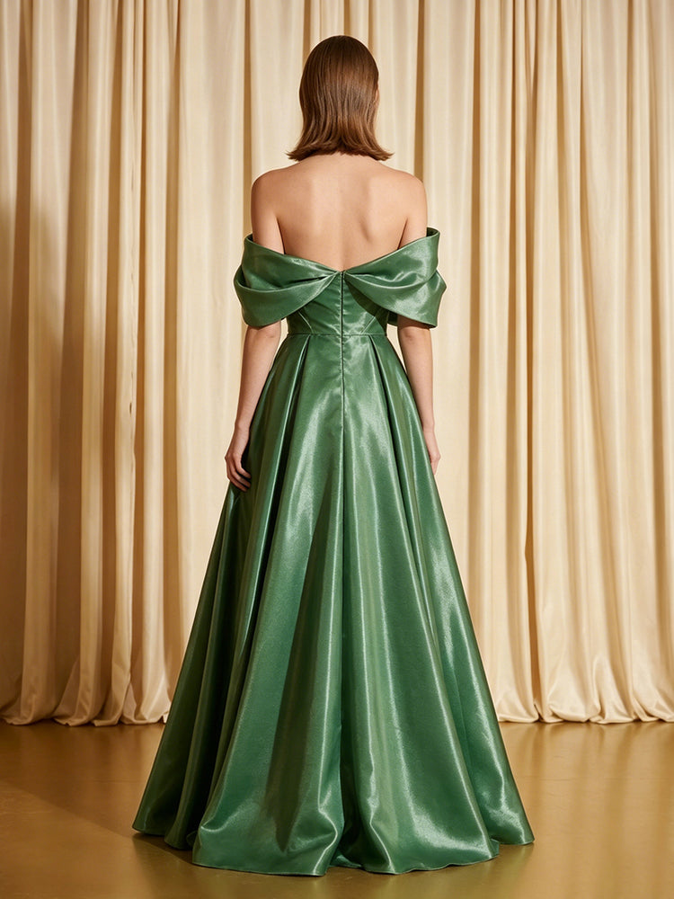Satin A-Line Off the Shoulder Long Evening Dresses with Pleats