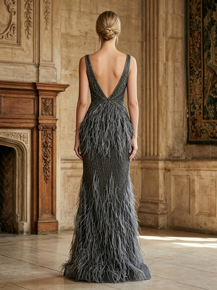 Tulle Mermaid V Neck Long Evening Dresses with Beads