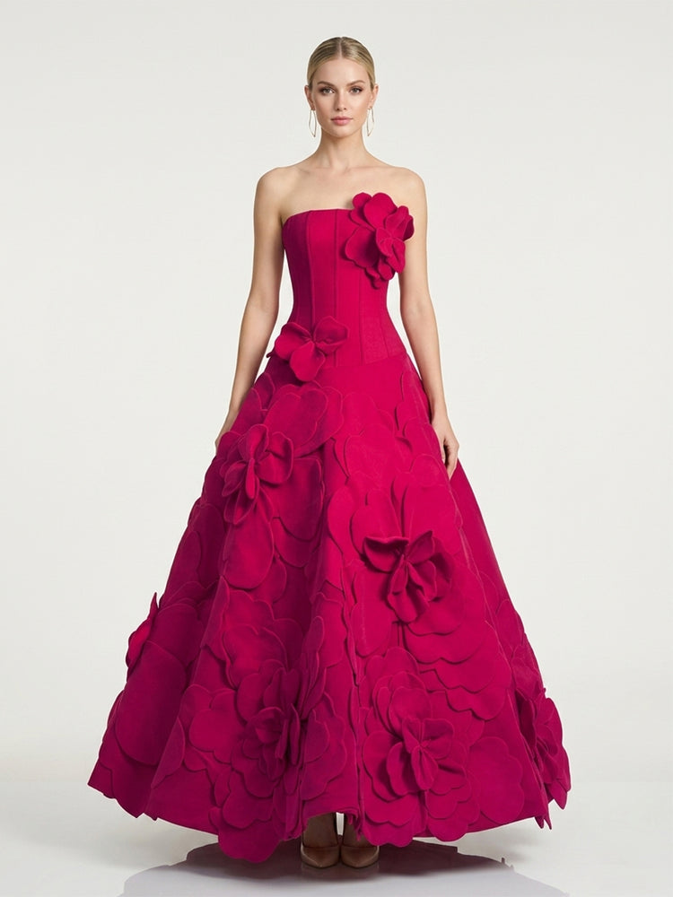 Satin A-Line Strapless Long Evening Dresses with 3D Flowers