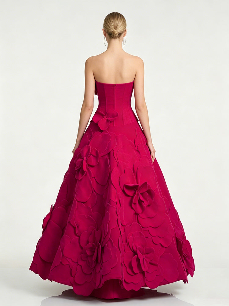 Satin A-Line Strapless Long Evening Dresses with 3D Flowers