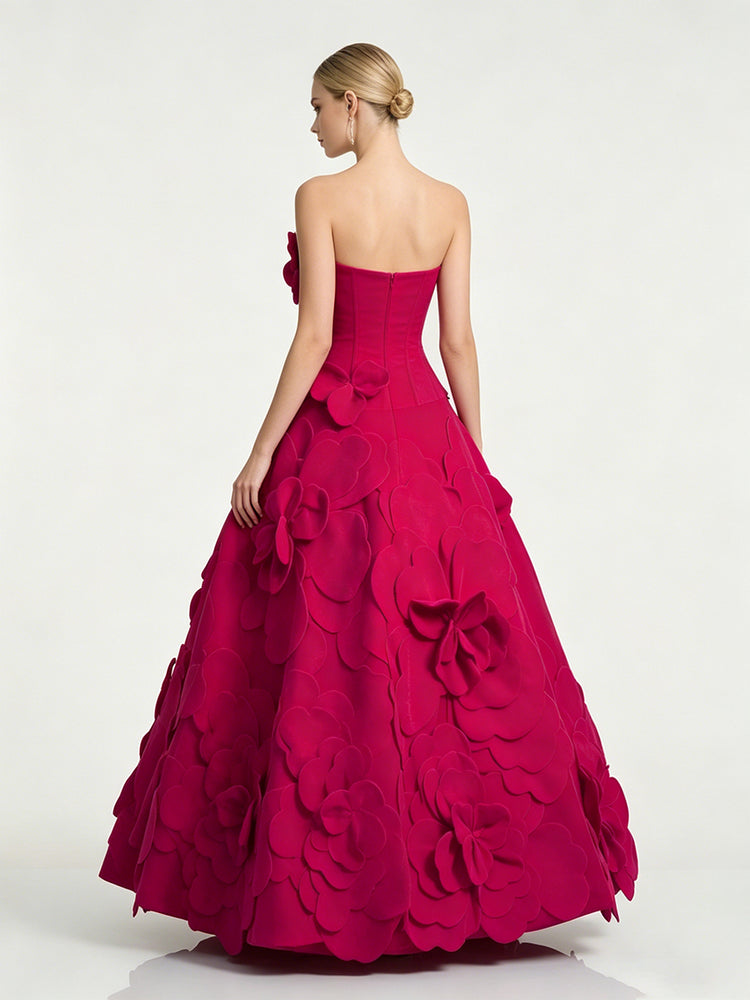 Satin A-Line Strapless Long Evening Dresses with 3D Flowers