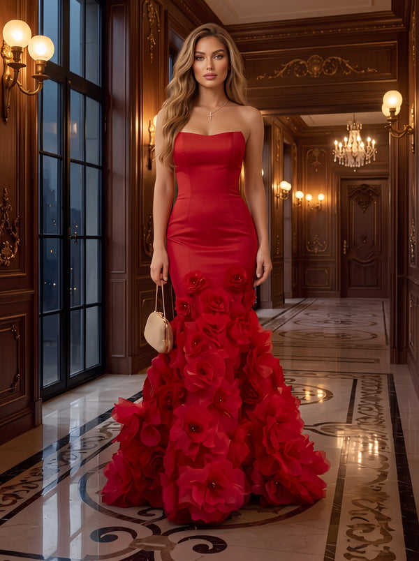 Dramatic 3D Flower Train Strapless Satin Mermaid Long Ruffle Evening Dresses