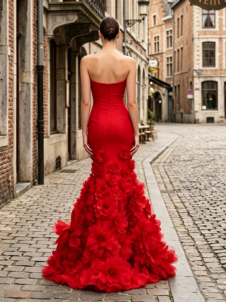 Dramatic 3D Flower Train Strapless Satin Mermaid Long Ruffle Evening Dresses