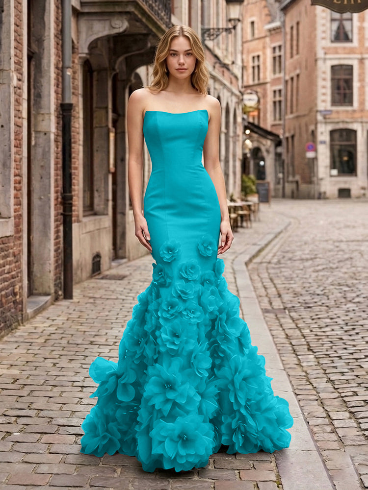 Dramatic 3D Flower Train Strapless Satin Mermaid Long Ruffle Evening Dresses