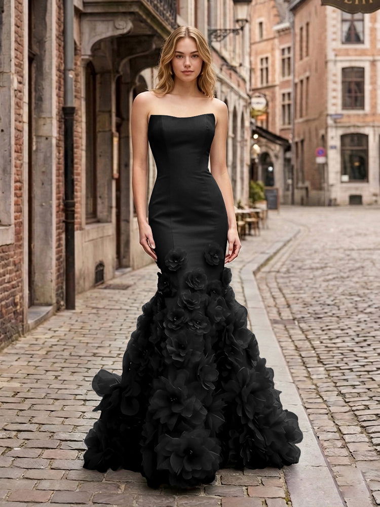 Dramatic 3D Flower Train Strapless Satin Mermaid Long Ruffle Evening Dresses