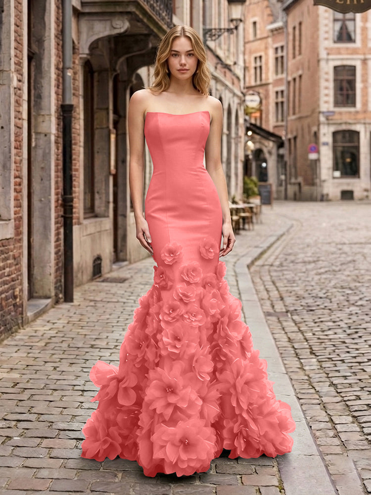 Dramatic 3D Flower Train Strapless Satin Mermaid Long Ruffle Evening Dresses