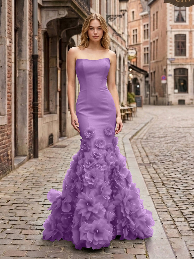 Dramatic 3D Flower Train Strapless Satin Mermaid Long Ruffle Evening Dresses
