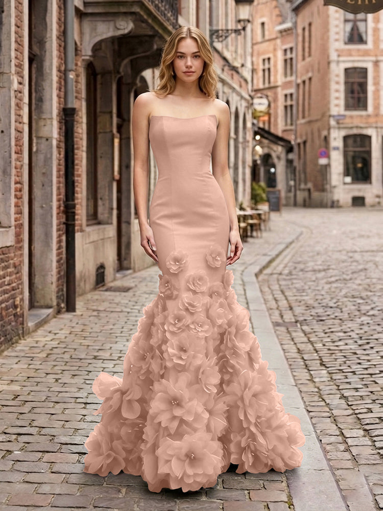 Dramatic 3D Flower Train Strapless Satin Mermaid Long Ruffle Evening Dresses