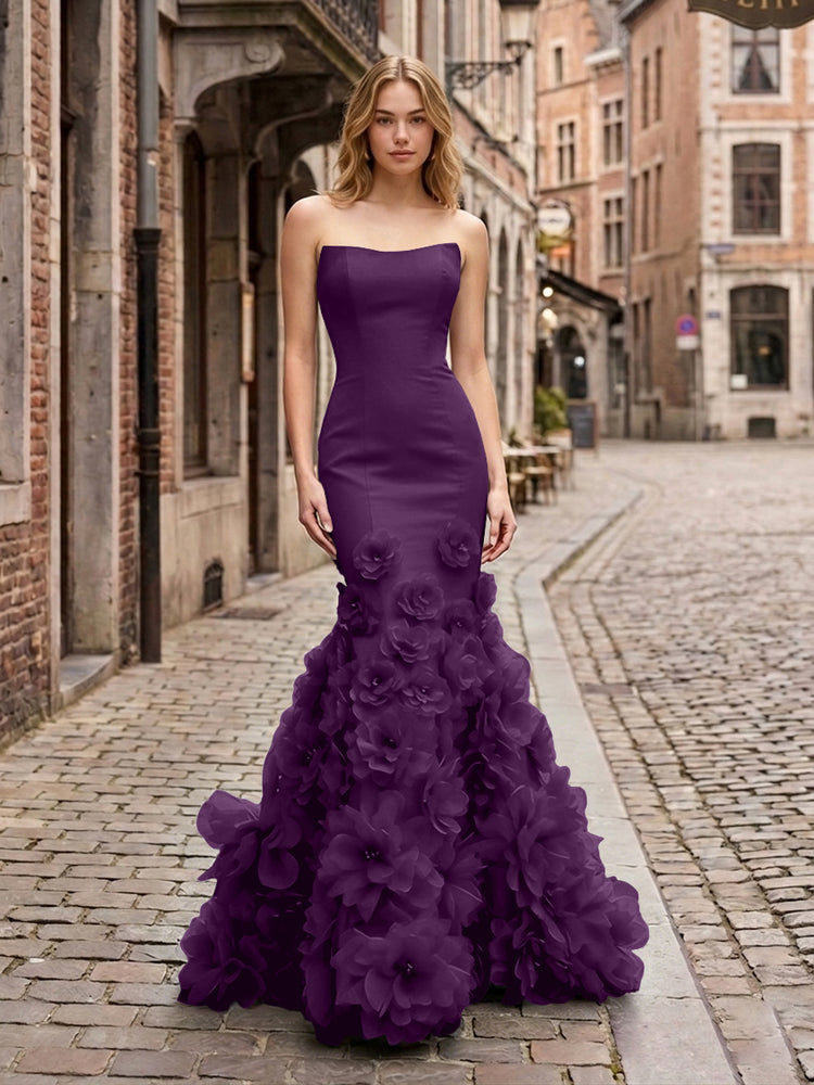Dramatic 3D Flower Train Strapless Satin Mermaid Long Ruffle Evening Dresses