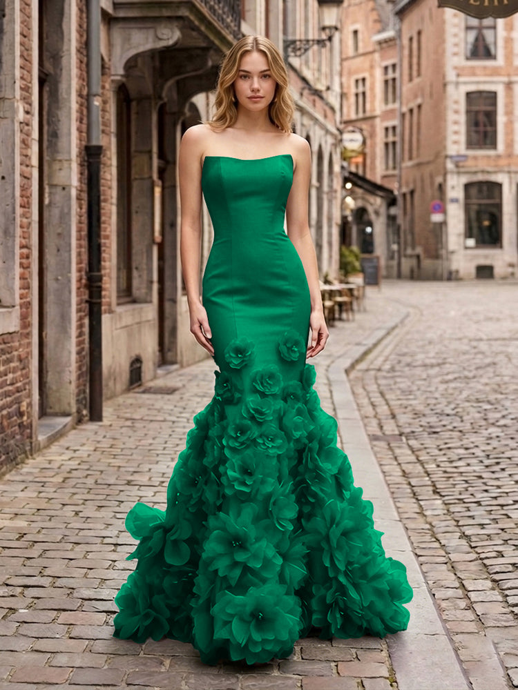 Dramatic 3D Flower Train Strapless Satin Mermaid Long Ruffle Evening Dresses