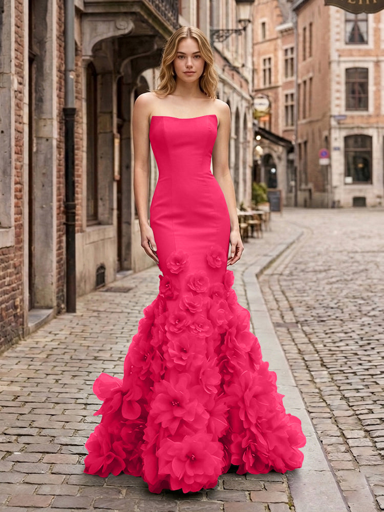 Dramatic 3D Flower Train Strapless Satin Mermaid Long Ruffle Evening Dresses