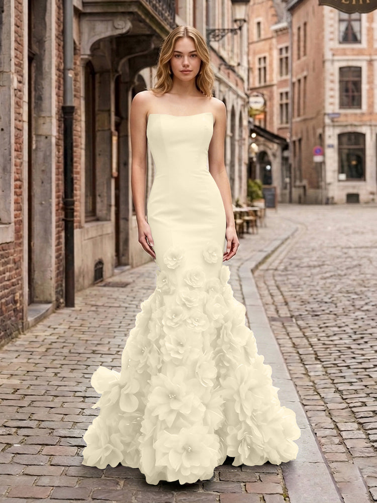 Dramatic 3D Flower Train Strapless Satin Mermaid Long Ruffle Evening Dresses