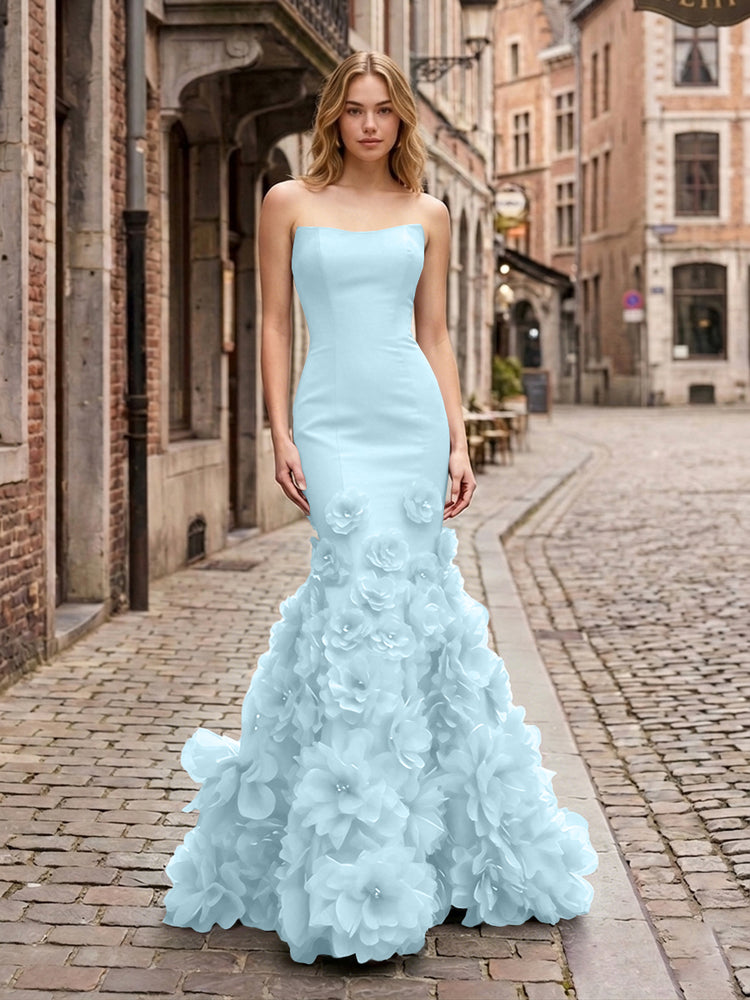 Dramatic 3D Flower Train Strapless Satin Mermaid Long Ruffle Evening Dresses
