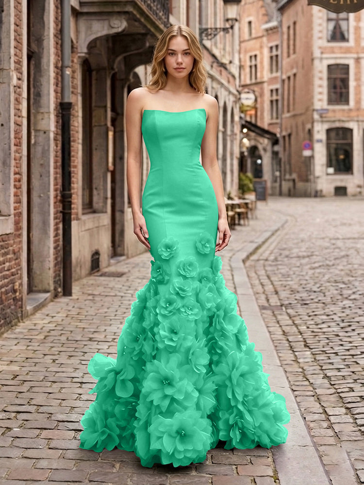 Dramatic 3D Flower Train Strapless Satin Mermaid Long Ruffle Evening Dresses