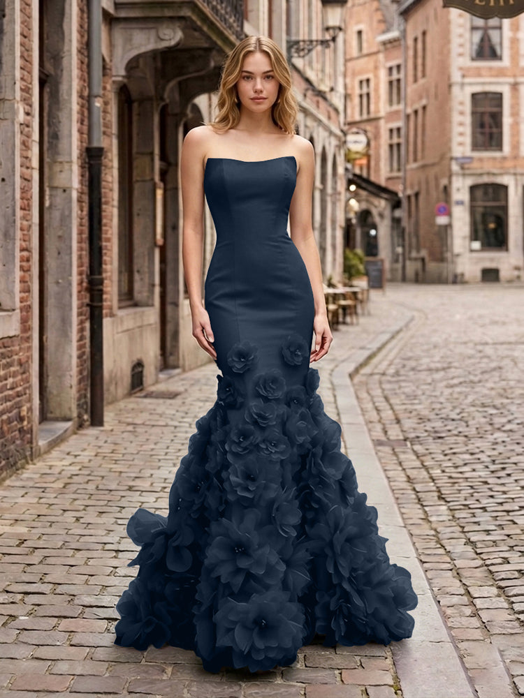 Dramatic 3D Flower Train Strapless Satin Mermaid Long Ruffle Evening Dresses