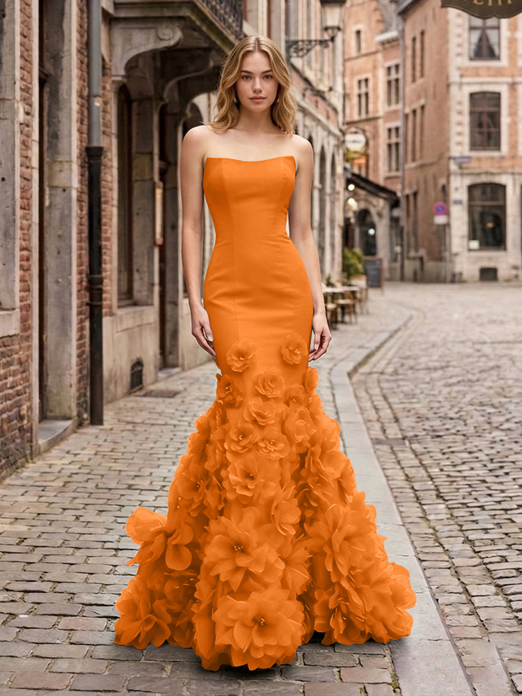 Dramatic 3D Flower Train Strapless Satin Mermaid Long Ruffle Evening Dresses