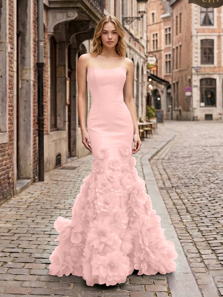 Dramatic 3D Flower Train Strapless Satin Mermaid Long Ruffle Evening Dresses