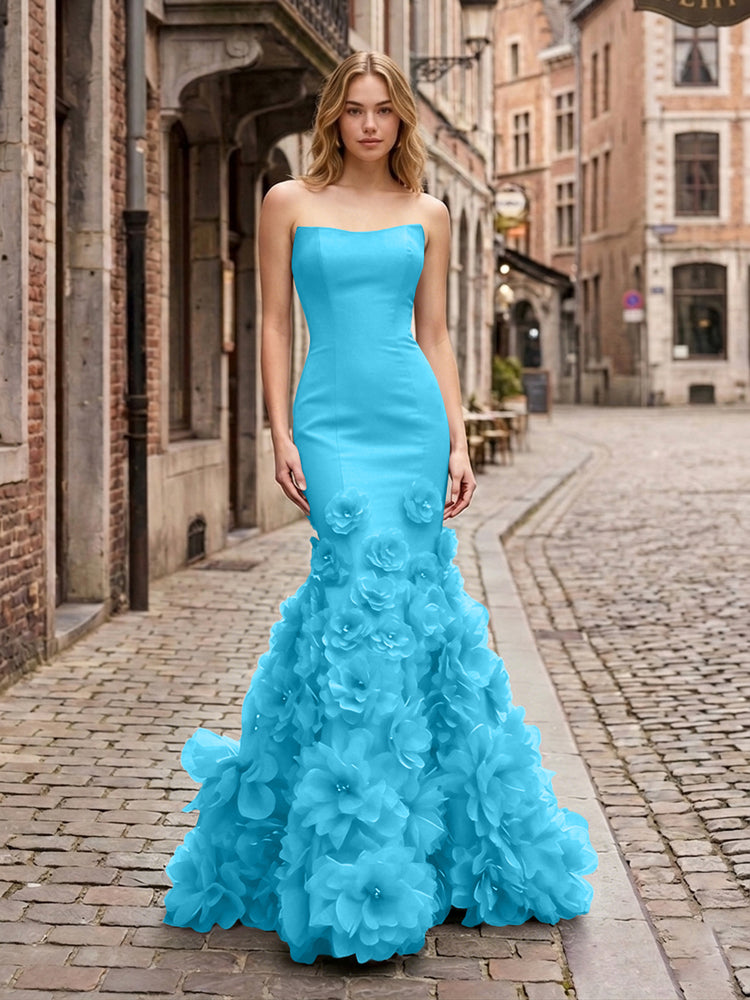 Dramatic 3D Flower Train Strapless Satin Mermaid Long Ruffle Evening Dresses