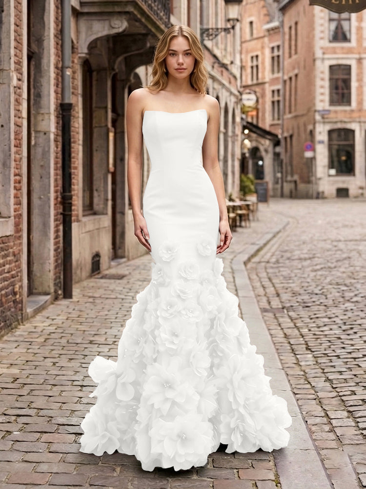 Dramatic 3D Flower Train Strapless Satin Mermaid Long Ruffle Evening Dresses