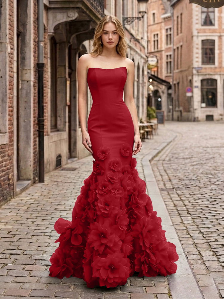 Dramatic 3D Flower Train Strapless Satin Mermaid Long Ruffle Evening Dresses