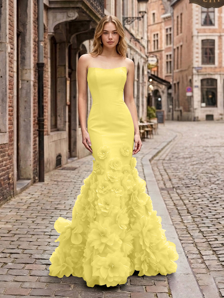 Dramatic 3D Flower Train Strapless Satin Mermaid Long Ruffle Evening Dresses
