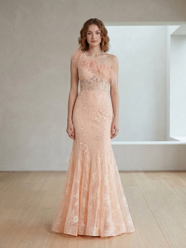 Lace Appliques Mermaid One Shoulder Long Evening Dresses with Feather