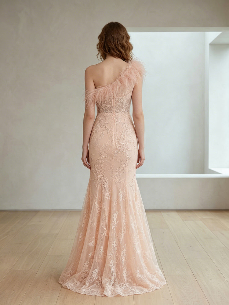 Lace Appliques Mermaid One Shoulder Long Evening Dresses with Feather
