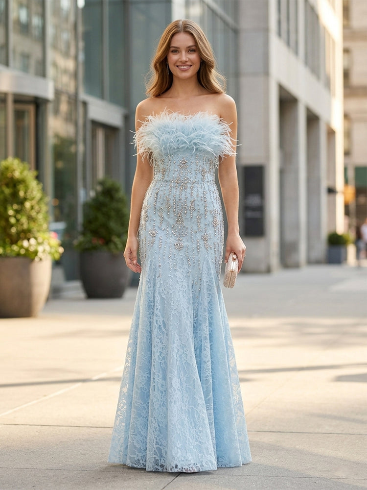 Lace Mermaid Strapless Long Evening Dresses with Rhinestone