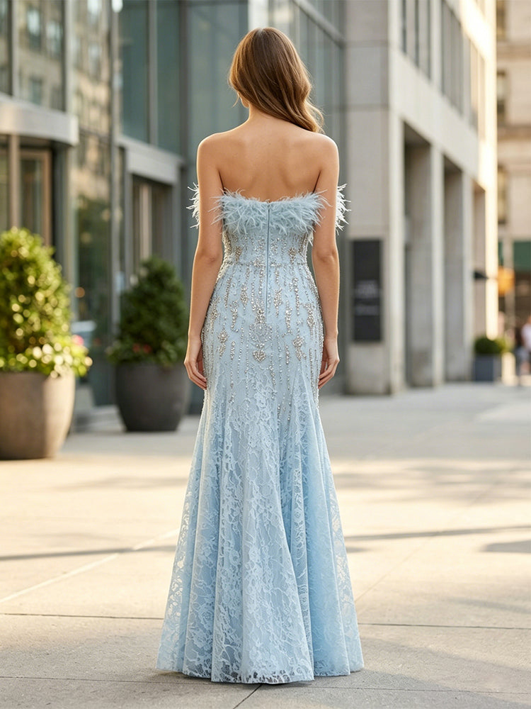 Lace Mermaid Strapless Long Evening Dresses with Rhinestone
