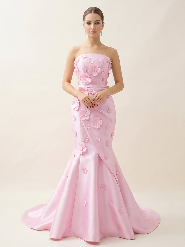 Satin Mermaid Strapless Long Evening Dresses with 3D Flowers
