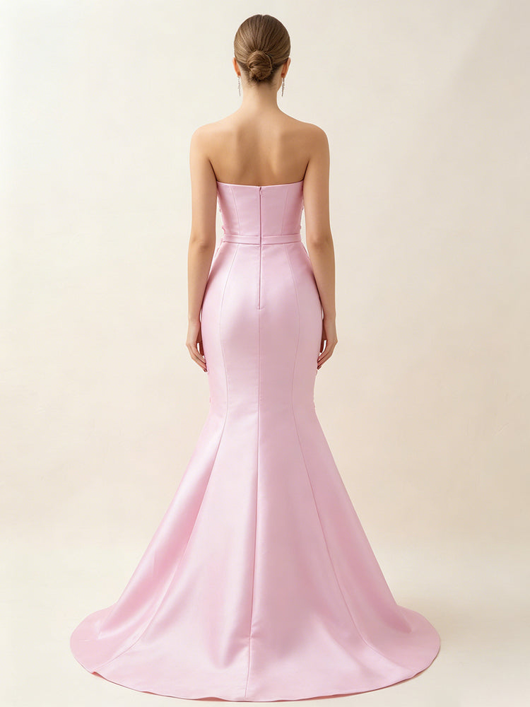 Satin Mermaid Strapless Long Evening Dresses with 3D Flowers