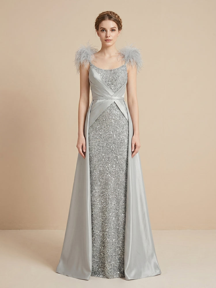 Sequin A-Line Scoop Neck Long Evening Dresses with Feather