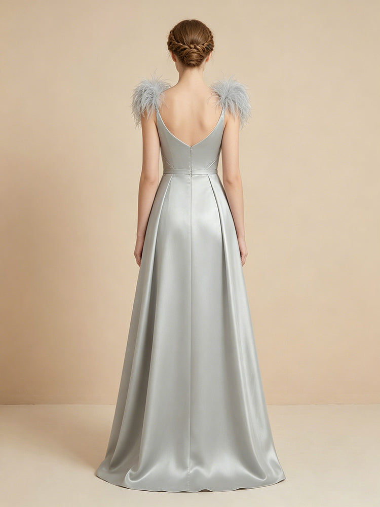 Sequin A-Line Scoop Neck Long Evening Dresses with Feather