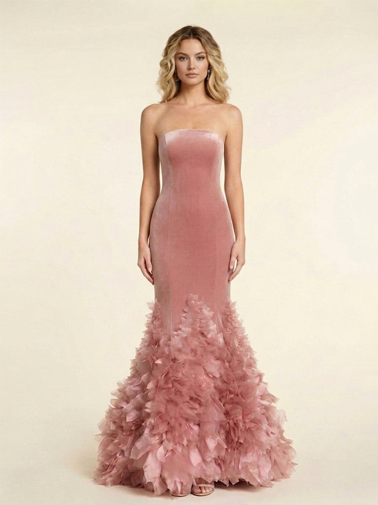 Velvet Mermaid Strapless Long Evening Dresses with Feather