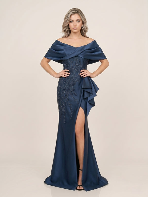 Satin Mermaid Off the Shoulder Long Evening Dresses with Side Slit