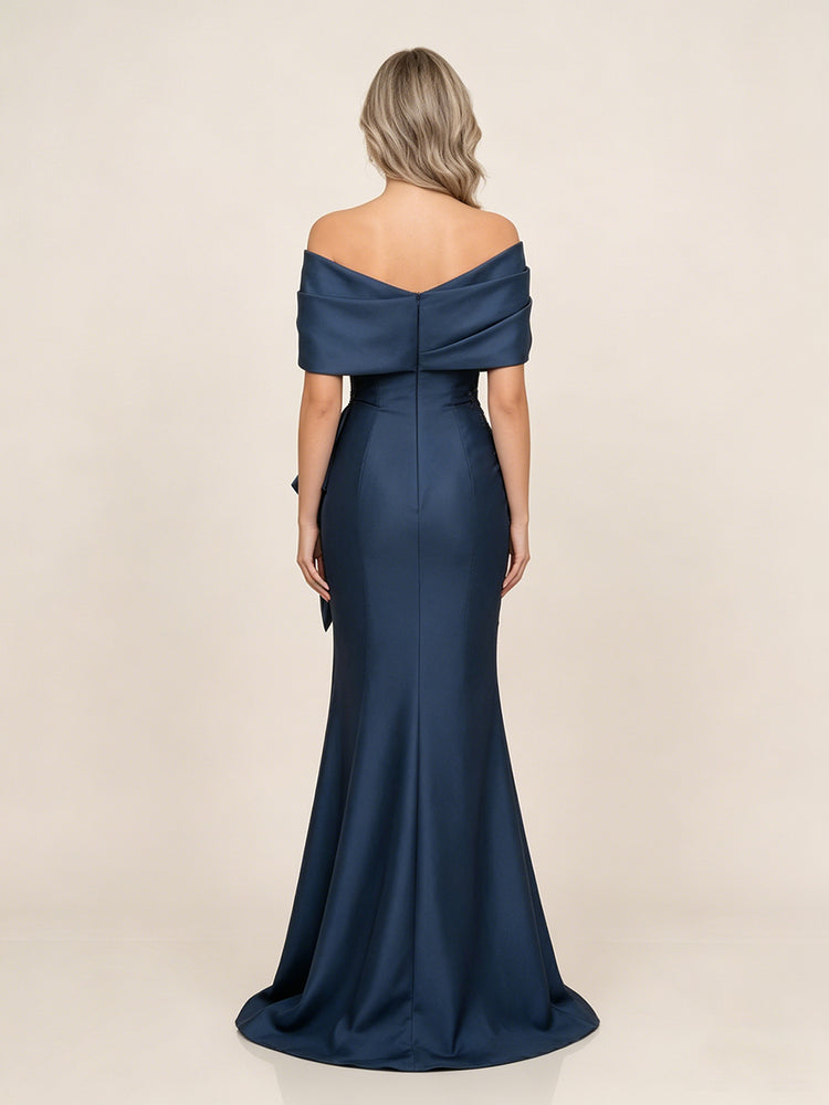 Satin Mermaid Off the Shoulder Long Evening Dresses with Side Slit