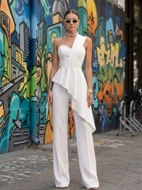 Satin One Shoulder Long Evening Jumpsuit with Ruffles
