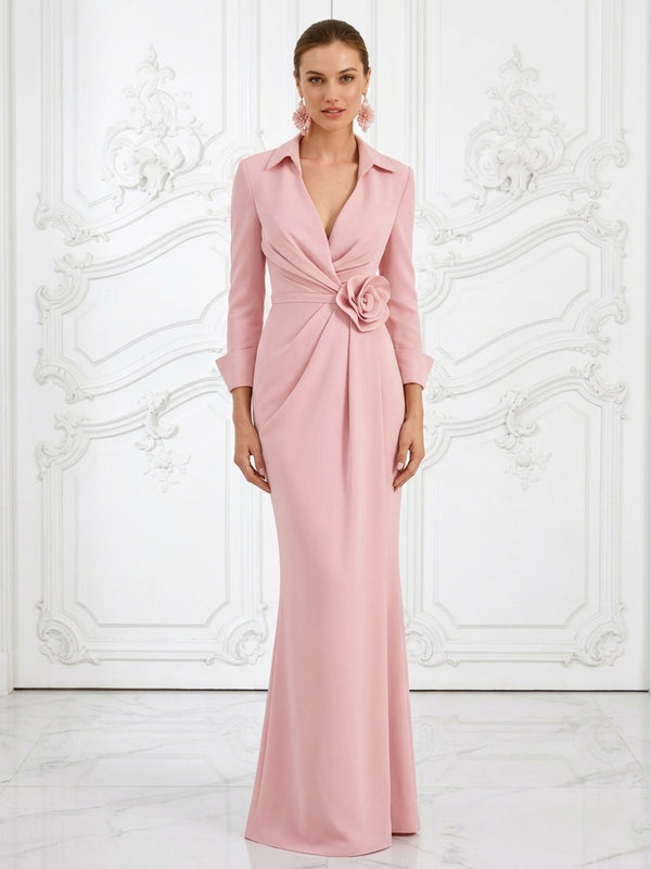 Satin Mermaid V Neck Long Evening Dresses with 3D Flowers