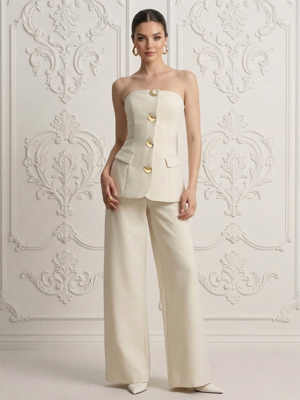 Satin Strapless Long Evening Pantsuit with Pocket