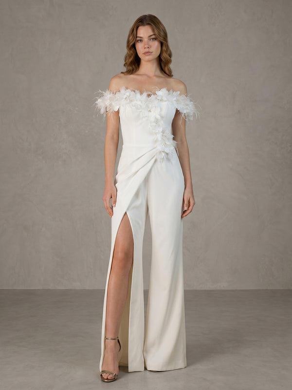 Satin Jumpsuit Off the Shoulder Long Evening Jumpsuit with 3D Flowers