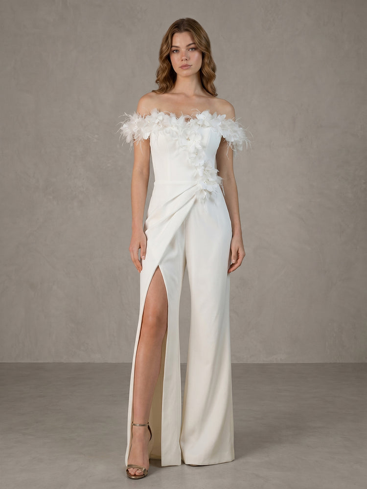 Satin Jumpsuit Off the Shoulder Long Evening Jumpsuit with 3D Flowers