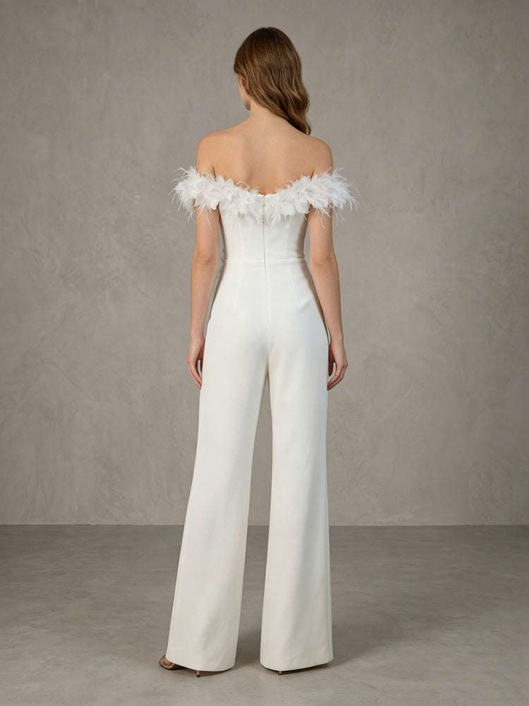 Satin Jumpsuit Off the Shoulder Long Evening Jumpsuit with 3D Flowers