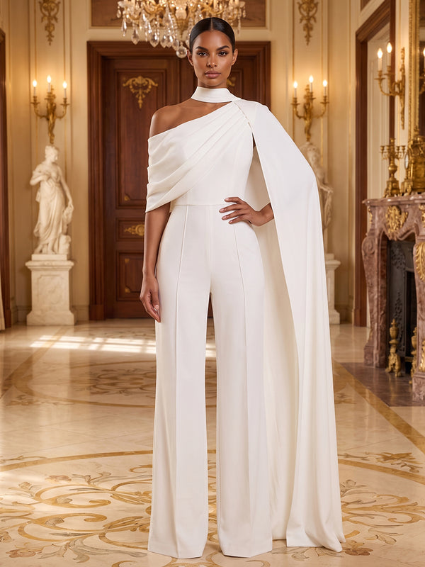 Satin Chiffon Jumpsuit Asymmetric Neck Long Evening Jumpsuit with Sash