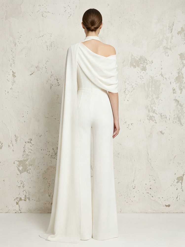 Satin Chiffon Jumpsuit Asymmetric Neck Long Evening Jumpsuit with Sash