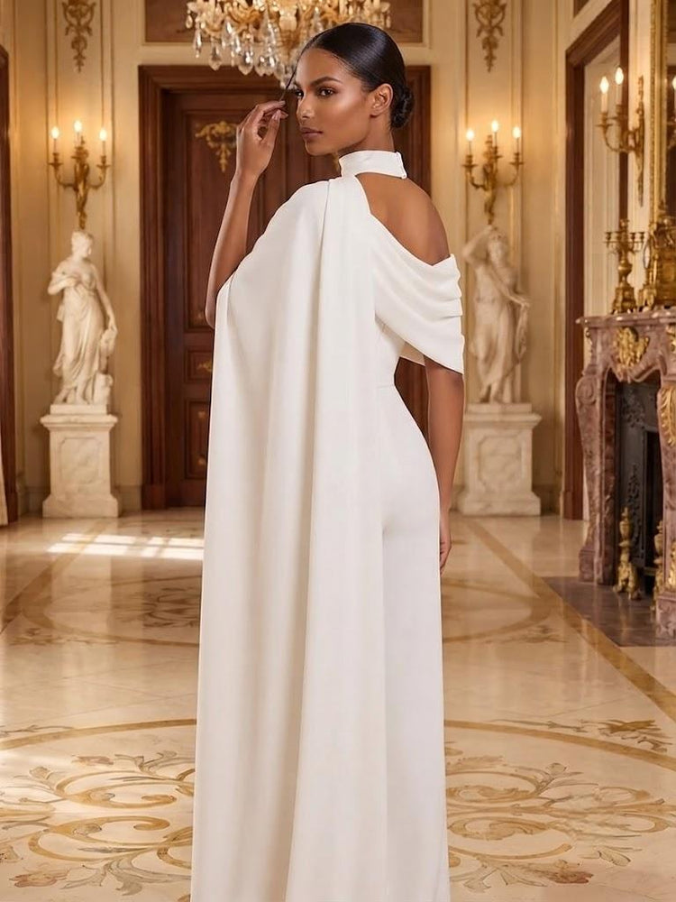 Satin Chiffon Jumpsuit Asymmetric Neck Long Evening Jumpsuit with Sash