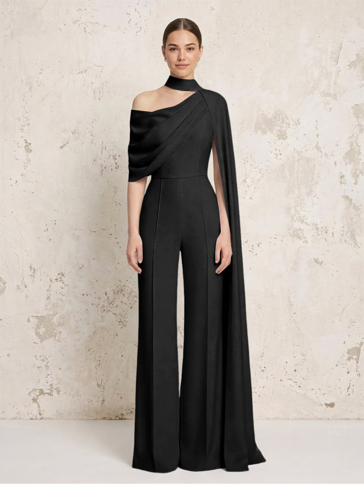 Satin Chiffon Jumpsuit Asymmetric Neck Long Evening Jumpsuit with Sash