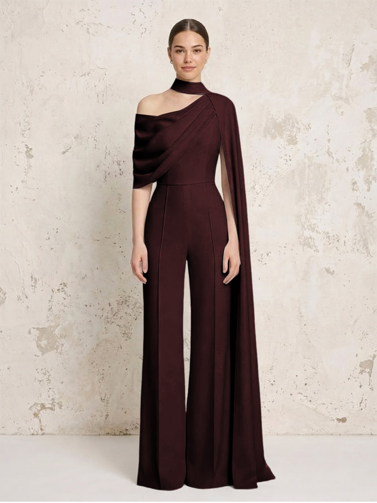 Satin Chiffon Jumpsuit Asymmetric Neck Long Evening Jumpsuit with Sash