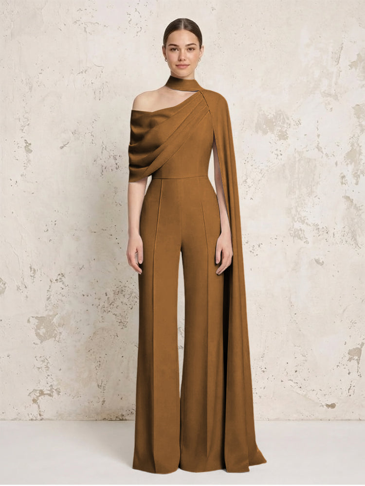 Satin Chiffon Jumpsuit Asymmetric Neck Long Evening Jumpsuit with Sash
